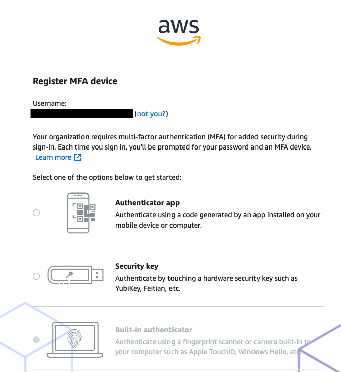 Set up MFA device registration page