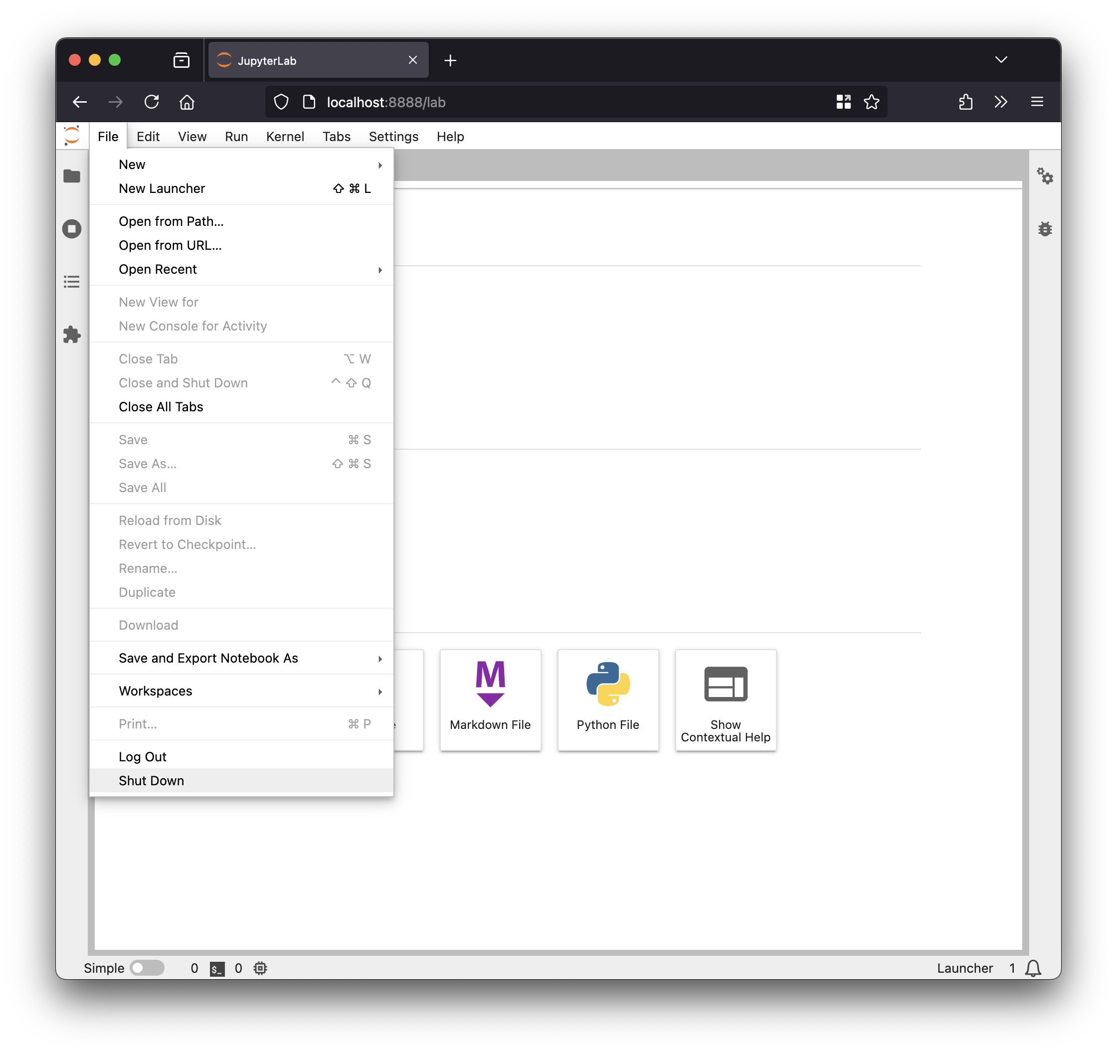 Screenshot of JupyterLab interface in a browser window showing File menu with Shut Down option highlighted