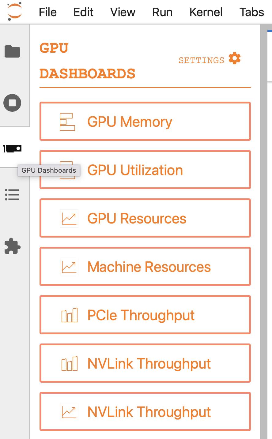 Screenshot showing how to select JupyterLab NVdashboard in JupyterLab sidebar