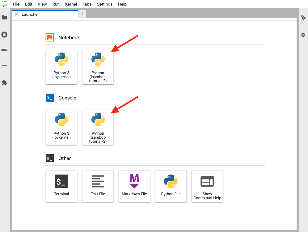 Screenshot of JupyterLab interface showing Launcher tab with isambot-tutorial kernel indicated with arrows