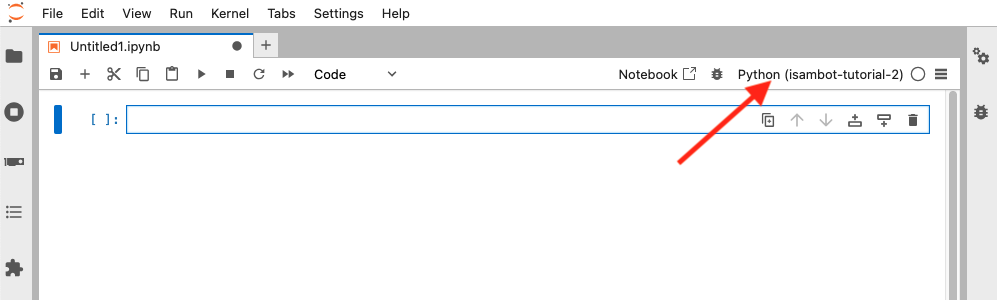 Screenshot of JupyterLab with notebook open with arrow pointing to kernel name
