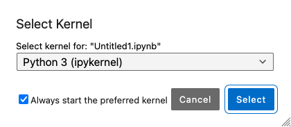 Screenshot showing JupyterLab notebook kernel selection dialog