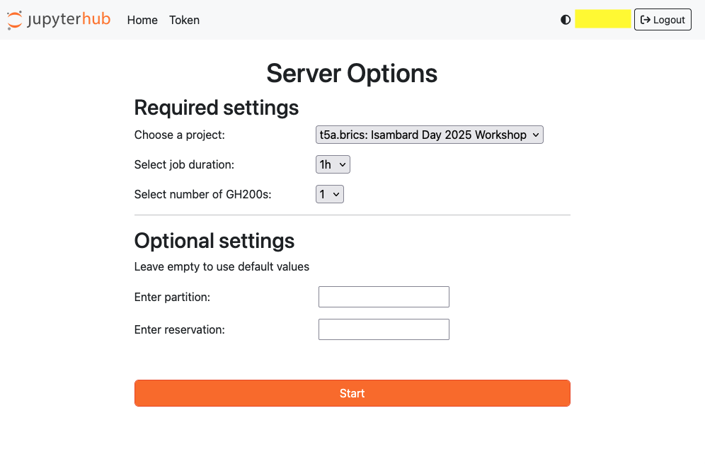 Screenshot of JupyterHub server options selection page