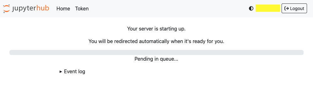 Screenshot of JupyterHub server status page showing status "Pending in queue"