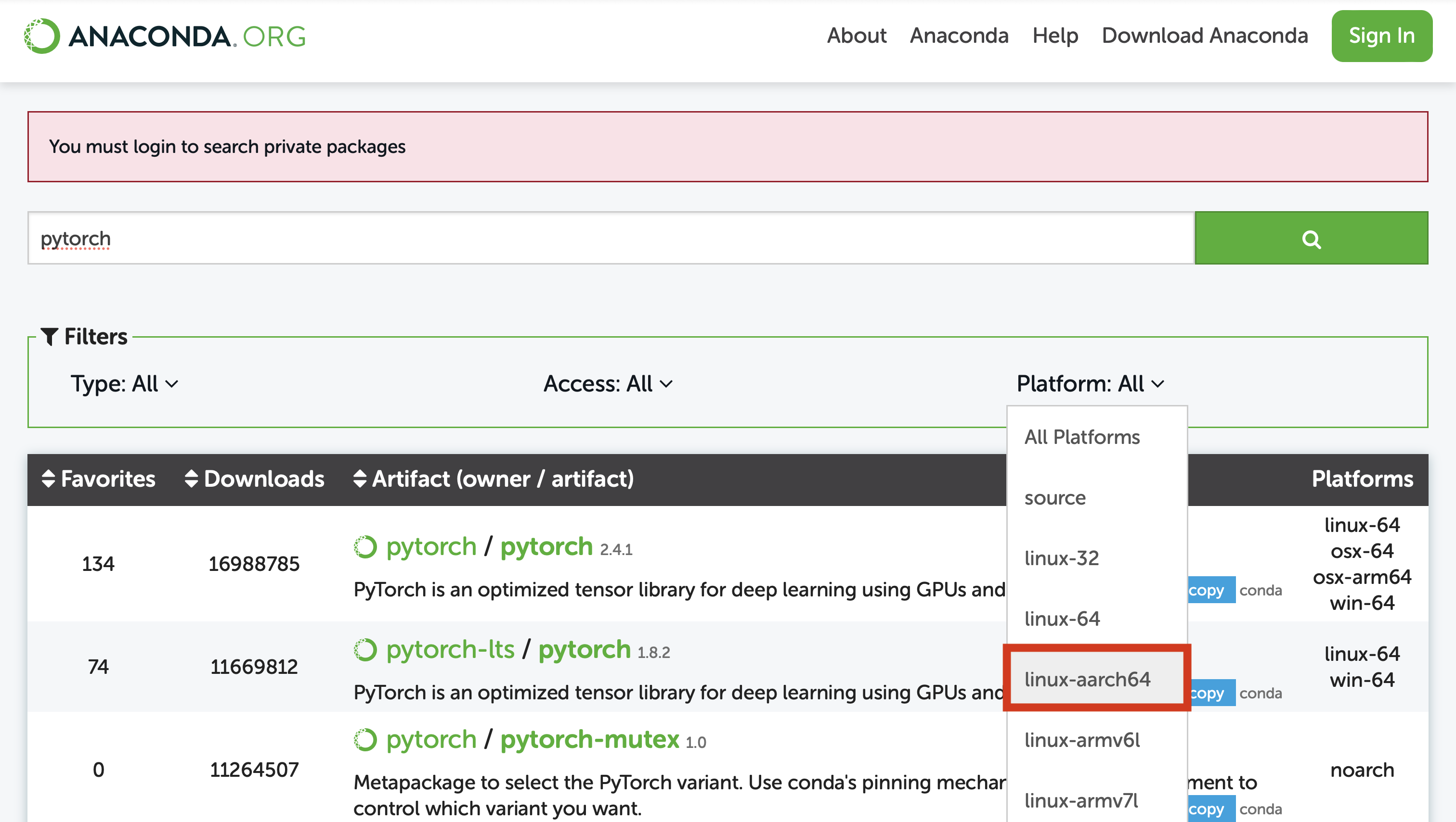 Screenshot of Anaconda.org website showing search results and a Platform filtering menu