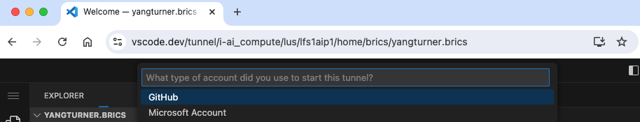 Screenshot of VS Code web connecting to tunnel