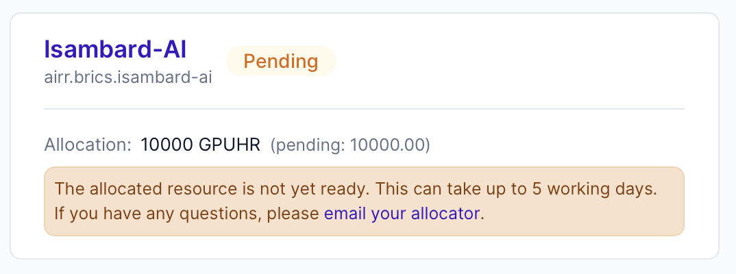 An award card in an Awards Portal showing a Pending badge and a message that the allocated resource is not yet ready and can take up to 5 working days
